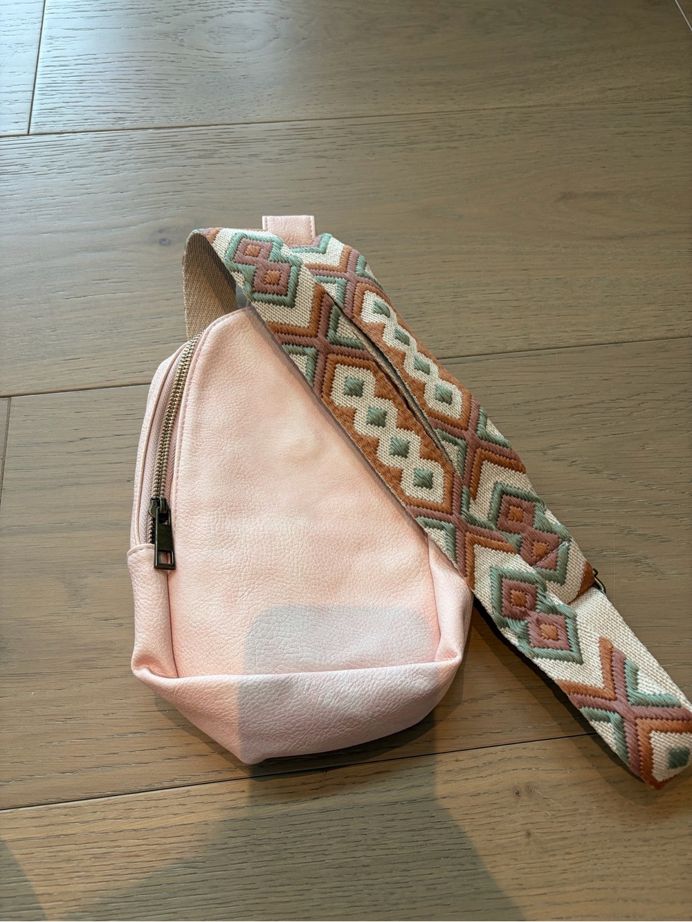 Pink Sling Crossbody Bag with Patterned Strap